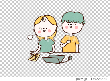 パソコンと電卓を見てほっと一安心する夫婦のイラスト(家計管理・安堵・ローン完済) パソコンと電卓を見てほっと一安心する夫婦のイラスト(家計管理・安堵・ローン完済) 139223560