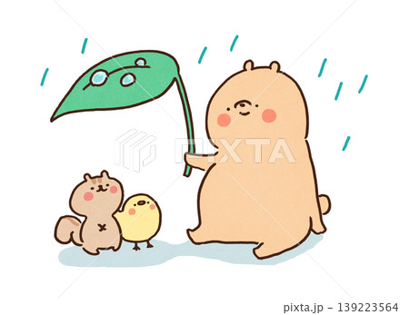 雨の日にリスと小鳥に大きな葉っぱの傘をさしてあげるクマのイラスト(保護・保険・優しさ) 雨の日にリスと小鳥に大きな葉っぱの傘をさしてあげるクマのイラスト(保護・保険・優しさ) 139223564