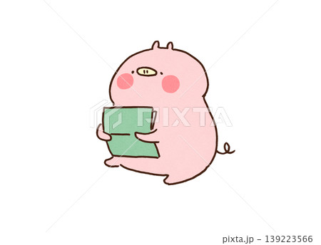 銀行の通帳を大切に抱きしめて安心するブタのイラスト（貯金・家計・資産） 139223566
