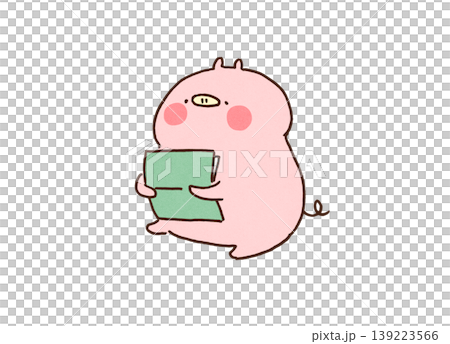 銀行の通帳を大切に抱きしめて安心するブタのイラスト（貯金・家計・資産） 139223566