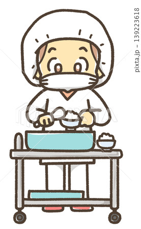 給食エプロンを着てごはんをよそう人のイラスト 139223618