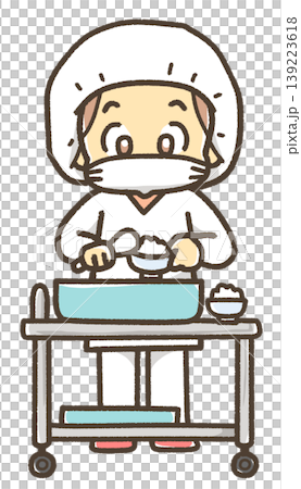 給食エプロンを着てごはんをよそう人のイラスト 139223618