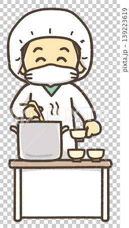 An illustration of a person wearing a school lunch apron and serving soup. An illustration of a person wearing a school lunch apron and serving soup. 139223619
