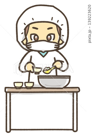 給食エプロンを着ておかずをよそう人のイラスト 139223620
