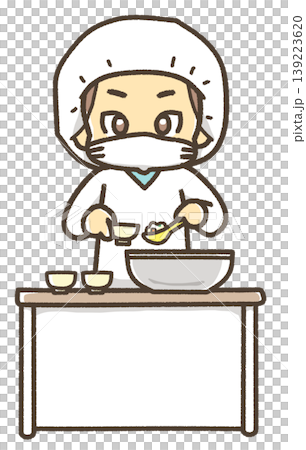 An illustration of a person wearing a school lunch apron and serving food. An illustration of a person wearing a school lunch apron and serving food. 139223620