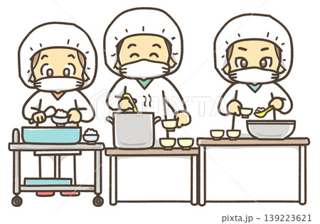 給食エプロンを着て給食をよそう人のイラスト 139223621