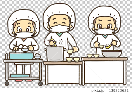 給食エプロンを着て給食をよそう人のイラスト 139223621