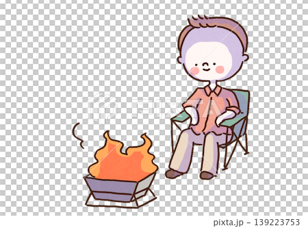 デジタルデトックス・キャンプ場で焚き火を眺めながらぼーっとリラックスする男性のイラスト デジタルデトックス・キャンプ場で焚き火を眺めながらぼーっとリラックスする男性のイラスト 139223753