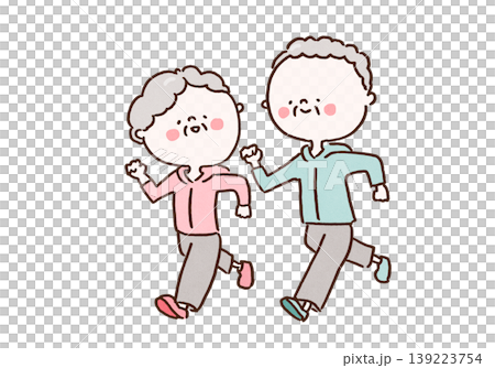 An illustration of an elderly couple jogging together and working up a sweat, both wearing active senior sportswear. An illustration of an elderly couple jogging together and working up a sweat, both wearing active senior sportswear. 139223754