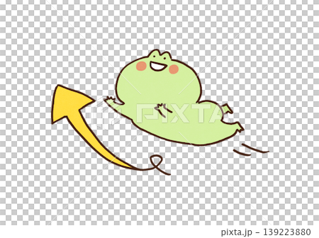 上向きの矢印（グラフ）と一緒にジャンプするカエルのイラスト（景気回復・飛躍） 139223880