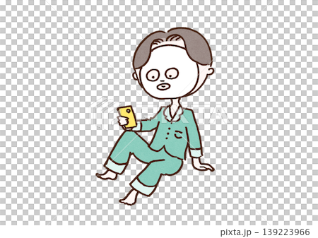 パジャマ姿でシートマスク（パック）をしてスマホを見る男性のイラスト（メンズ美容・リラックス） 139223966