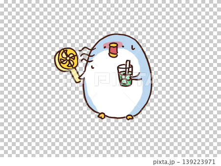 ハンディファンとドリンクを持って涼むペンギンのイラスト（夏の対策・クールビズ） 139223971