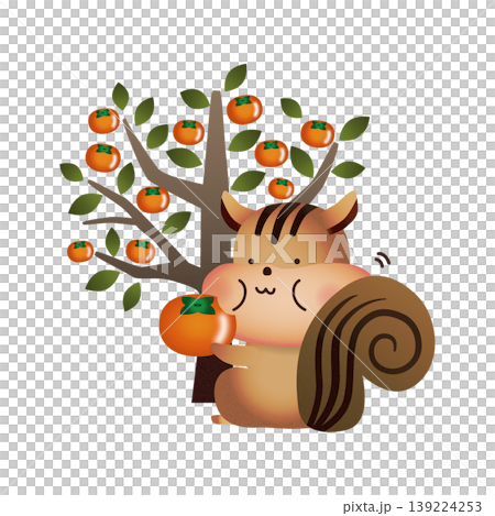 柿の木の前で柿を食べるリスのイラスト　かわいい動物と秋の果物素材 139224253
