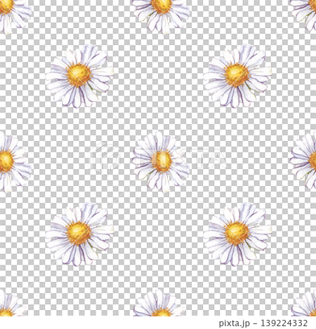 Seamless floral pattern with hand-painted watercolor daisy flowers (chamomile) on a isolated background. Minimalist design with soft textures and yellow centers..Perfect for textile printing, gift 139224332