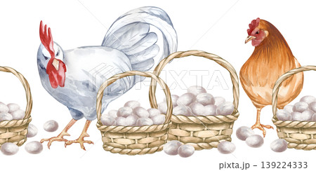 Seamless horizontal border with a white rooster, brown hen and wicker baskets filled with white chicken eggs. Watercolor illustration in natural colors on an isolated background. A realistic template 139224333