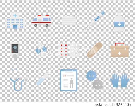 医療・健康のアイコンセット ベクター イラスト（病院・医学・検査・看護・背景透過・フラット） 139225135
