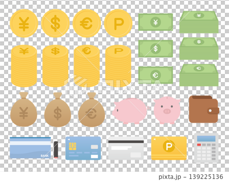 Money icon set, vector graphics (currency, savings, cashless, payment, transparent background, flat, business) Money icon set, vector graphics (currency, savings, cashless, payment, transparent background, flat, business) 139225136