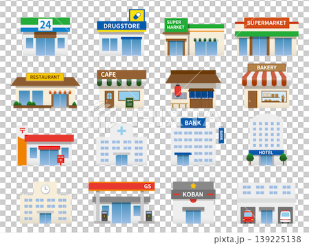 Icon set of shops and buildings, vector graphics (shops, facilities, maps, streetscapes, transparent background, flat design) 139225138