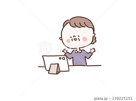 タブレット端末でオンライン通話を楽しんで笑顔のおばあちゃんのイラスト（リモート帰省・デジタルヘルス） 139225151