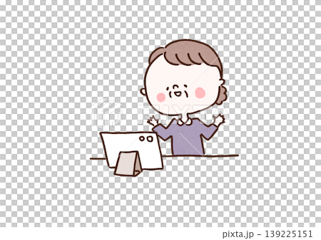 タブレット端末でオンライン通話を楽しんで笑顔のおばあちゃんのイラスト（リモート帰省・デジタルヘルス） 139225151