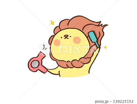 ドライヤーとブラシでたてがみを綺麗にセットするライオンのイラスト（美容・身だしなみ） 139225152