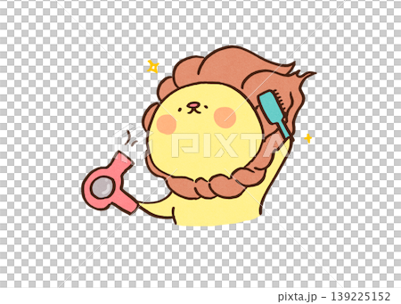 ドライヤーとブラシでたてがみを綺麗にセットするライオンのイラスト（美容・身だしなみ） 139225152