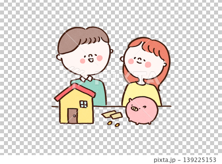 An illustration of a couple discussing their home financing plans in front of a model house and a piggy bank (mortgage, savings). An illustration of a couple discussing their home financing plans in front of a model house and a piggy bank (mortgage, savings). 139225153