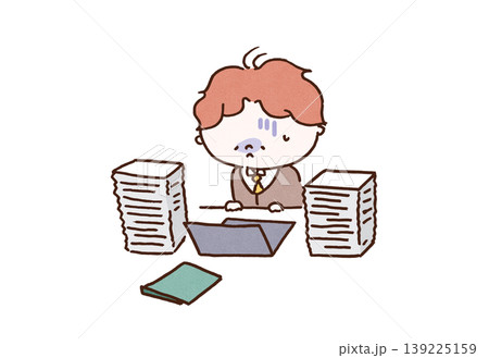 大量の書類とパソコンの前で過労によりげっそりしている男性のイラスト（残業・ストレス） 139225159