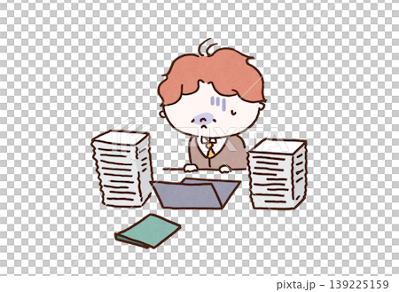 大量の書類とパソコンの前で過労によりげっそりしている男性のイラスト（残業・ストレス） 139225159