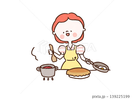 レトロなエプロン姿で複数の料理を同時に作る主婦のイラスト(トラッドワイフ・時短家事) レトロなエプロン姿で複数の料理を同時に作る主婦のイラスト(トラッドワイフ・時短家事) 139225199