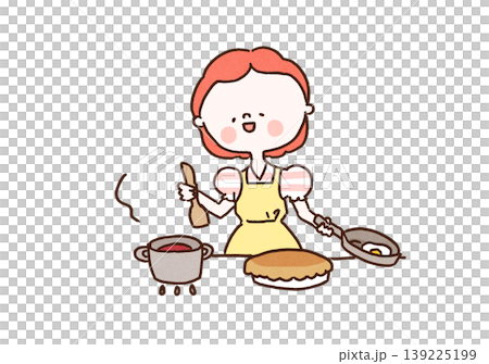 レトロなエプロン姿で複数の料理を同時に作る主婦のイラスト(トラッドワイフ・時短家事) レトロなエプロン姿で複数の料理を同時に作る主婦のイラスト(トラッドワイフ・時短家事) 139225199