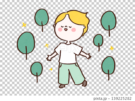 一幅插圖描繪了一名男子在樹林中深呼吸，透過森林浴（有益於心理健康，緩解壓力）來放鬆身心。 139225282