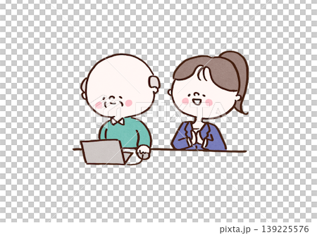 ノートパソコンを使うシニア男性と笑顔でサポートする若い女性のイラスト（世代間交流・リスキリング） 139225576