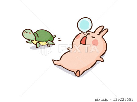 居眠りしているウサギの横を自分のペースで歩いて通り過ぎるカメのイラスト（継続は力なり・油断大敵） 139225583