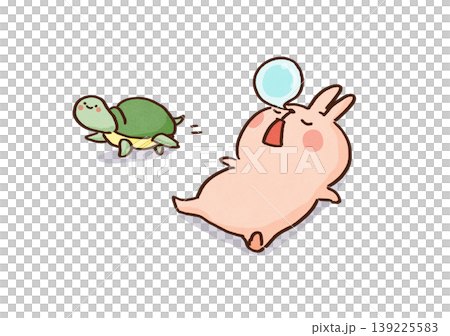 居眠りしているウサギの横を自分のペースで歩いて通り過ぎるカメのイラスト（継続は力なり・油断大敵） 139225583