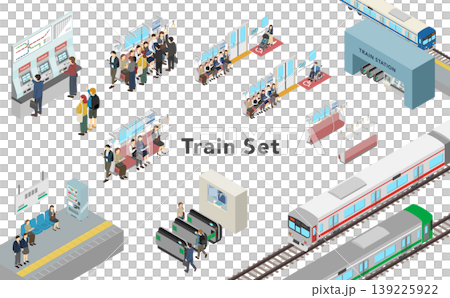 Isometric illustration: Station and train set Isometric illustration: Station and train set 139225922