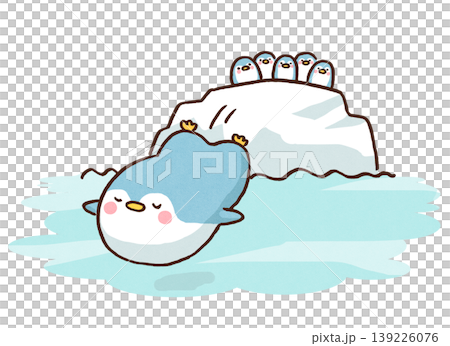 An illustration of the first penguin bravely leaping from an iceberg into the sea (representing challenge and pioneering spirit). 139226076