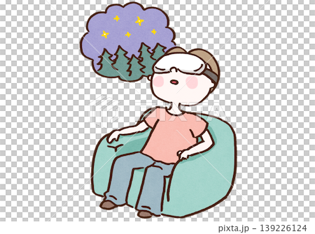 An illustration of a man relaxing while immersed in virtual reality images of a beautiful starry sky and forest, wearing VR goggles. An illustration of a man relaxing while immersed in virtual reality images of a beautiful starry sky and forest, wearing VR goggles. 139226124
