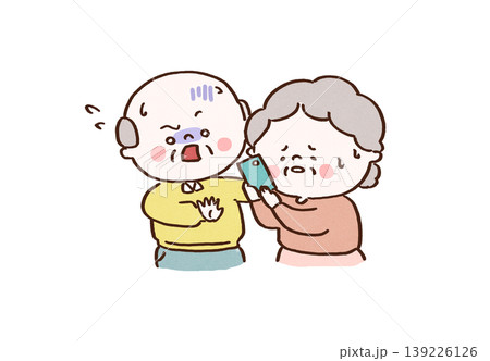 スマホの不審な着信に戸惑うおばあちゃんと詐欺だと気づいて慌てて止めようとするおじいちゃんのイラスト 139226126