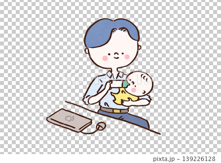 テレワーク中に仕事を中断してパソコンを閉じ赤ちゃんにミルクをあげるお父さんのイラスト テレワーク中に仕事を中断してパソコンを閉じ赤ちゃんにミルクをあげるお父さんのイラスト 139226128