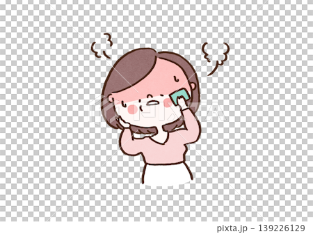 An illustration of a middle-aged woman suffering from sudden hot flashes and sweating (menopausal symptoms). An illustration of a middle-aged woman suffering from sudden hot flashes and sweating (menopausal symptoms). 139226129