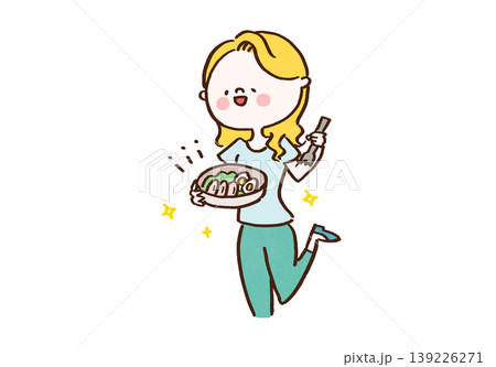 鶏肉とゆで卵の高タンパクなサラダを食べるスリムな女性のイラスト(ダイエット・健康的な食生活) 鶏肉とゆで卵の高タンパクなサラダを食べるスリムな女性のイラスト(ダイエット・健康的な食生活) 139226271