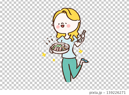 鶏肉とゆで卵の高タンパクなサラダを食べるスリムな女性のイラスト(ダイエット・健康的な食生活) 鶏肉とゆで卵の高タンパクなサラダを食べるスリムな女性のイラスト(ダイエット・健康的な食生活) 139226271