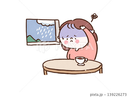 雨の日に低気圧による頭痛やだるさ（気象病）で辛そうにしている女性のイラスト（健康・医療）  139226273