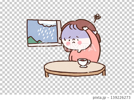 插圖描繪了一位女性因雨天低氣壓而頭痛和疲勞(與天氣相關的疾病)(健康/醫療)。 插圖描繪了一位女性因雨天低氣壓而頭痛和疲勞(與天氣相關的疾病)(健康/醫療)。 139226273