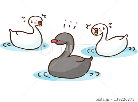 湖に突然現れた黒鳥（ブラックスワン）に驚く白鳥たちのイラスト（予測不能な事態・金融リスク）  139226275