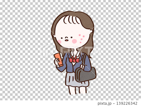 一幅插圖,描繪了一位表情嚴肅的高中女生正在挑選洗面奶,她正為青春期相關的皮膚問題和痤瘡而苦惱。 一幅插圖,描繪了一位表情嚴肅的高中女生正在挑選洗面奶,她正為青春期相關的皮膚問題和痤瘡而苦惱。 139226342