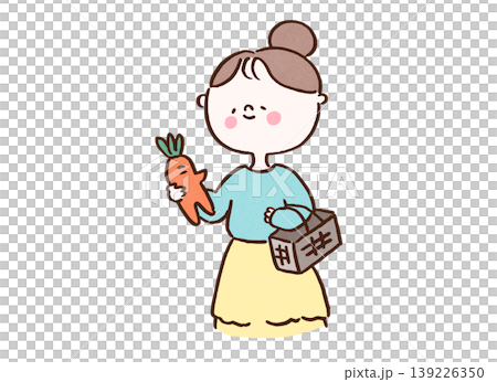 Food waste reduction and SDGs: An illustration of a woman smiling and choosing oddly shaped, non-standard carrots while holding a shopping basket. 139226350