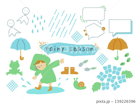 梅雨や雨の日に使える手描きカラフルイラスト・フレームセット 139226396