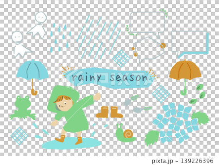 梅雨や雨の日に使える手描きカラフルイラスト・フレームセット 139226396